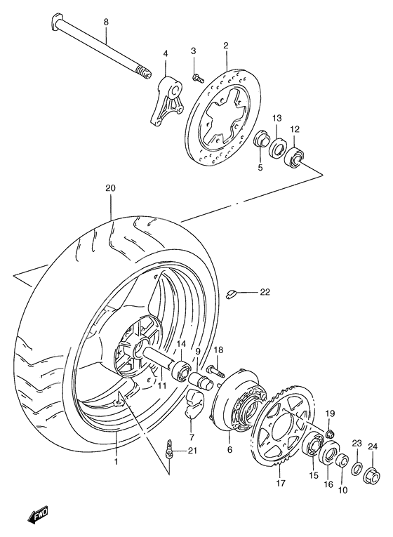 Rear wheel complete assy              

                  Gsf1200t/v/w/x/y/st/sv/sw/sx/sy