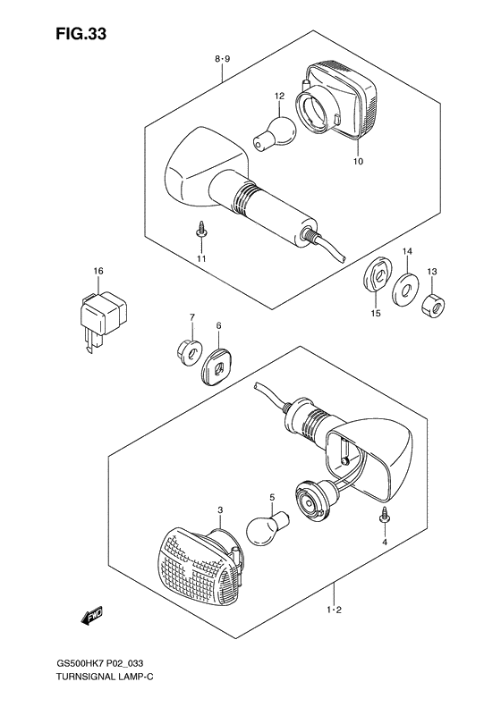 Turnsignal front & rear lamp              

                  Gs500fh p2,  p19,  p24,  p54,  gs500fm p19