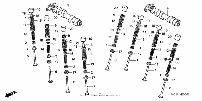 Camshaft + valve (rr.)